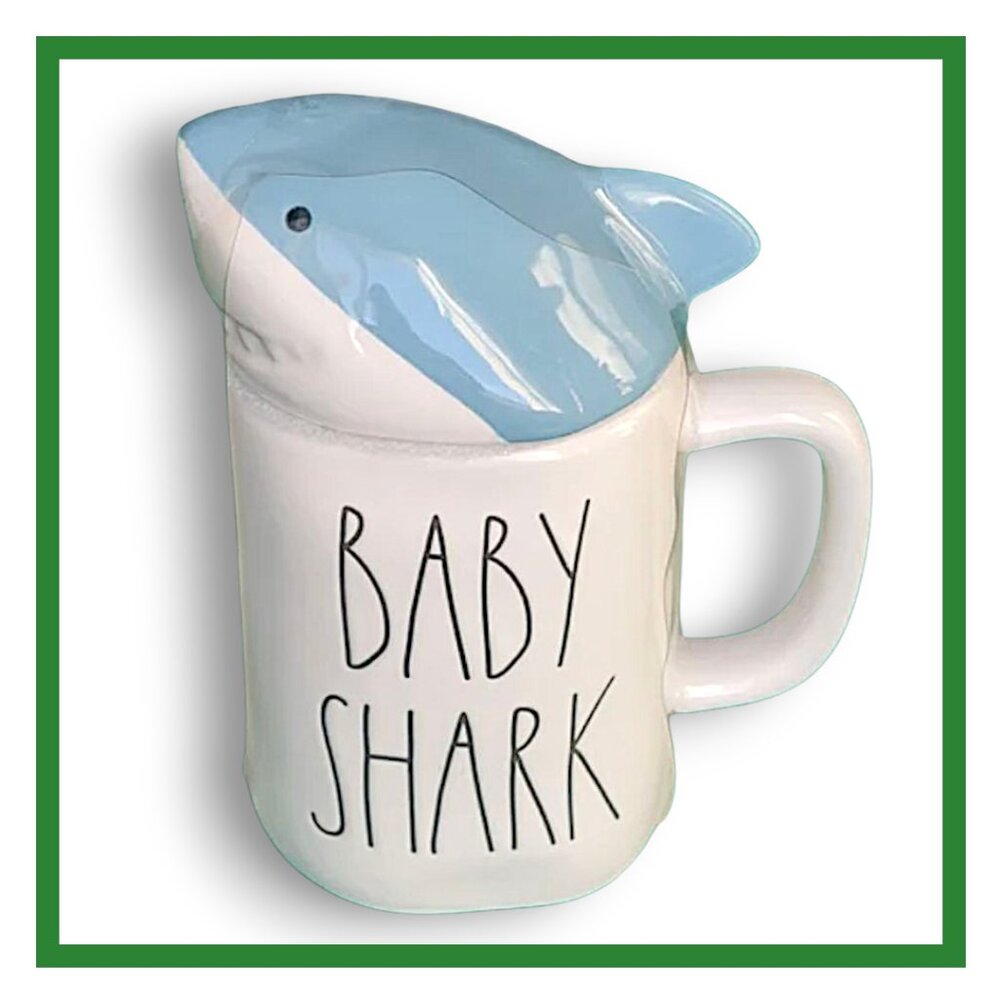 Rae Dunn "Baby Shark" White Ceramic Mug with Shark Head Lid Cover